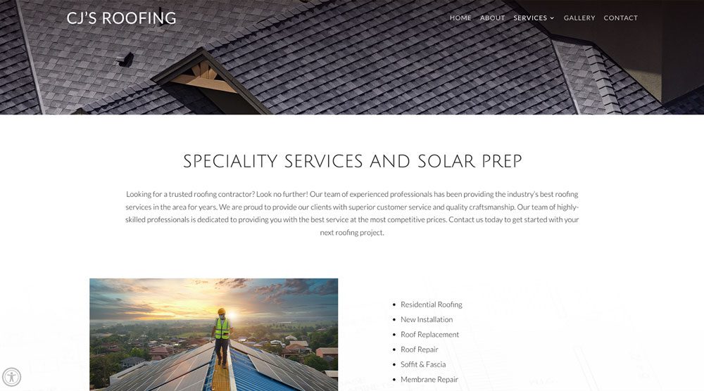 cj-after Screenshot of CJ's Roofing website. The text highlights services such as residential roofing, new installations, solar prep, repairs, and gutter installation. The page includes an image of a worker on a roof.