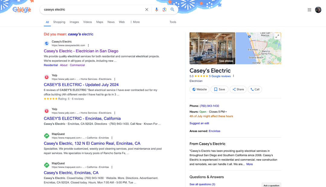 Google search results for "caseys electric" showing multiple listings and contact details for Casey's Electric, an electrician service in San Diego.
