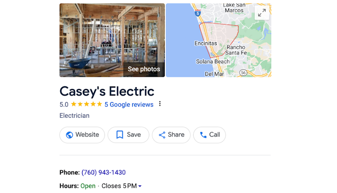 Google listing for "Casey's Electric" with a 5-star rating from 5 reviews. Includes options to visit the website, save, share, call (760-943-1430), and business hours (Open, closes at 5 PM). Map of the location.