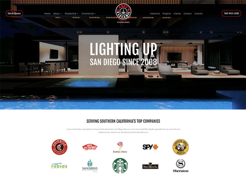 Website home page for a lighting company, featuring a nighttime outdoor setting. Text reads, "Lighting up San Diego since 2008," with various company logos at the bottom. A "Get A Quote" button is shown.