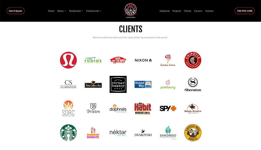 Clients page displaying logos of various companies including Lululemon, Nixon, Chipotle, Starbucks, Dunkin Donuts, and more. Includes contact information and navigation links at the top.