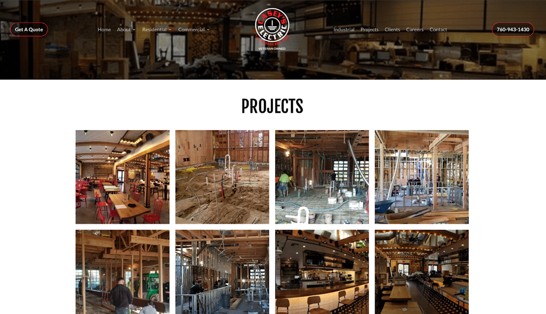 A screenshot of a construction company's website showcasing eight images of various project stages, from initial building frames to completed interiors, under a "Projects" heading.