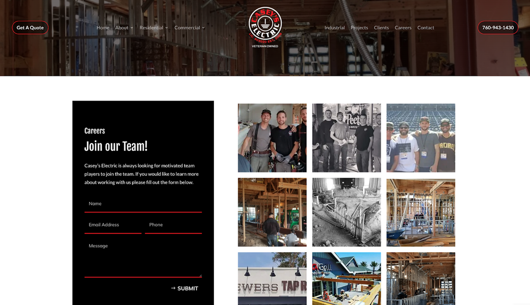 Casey's Electric website careers page featuring a call to join their team, a contact form, and various images of team members and projects.