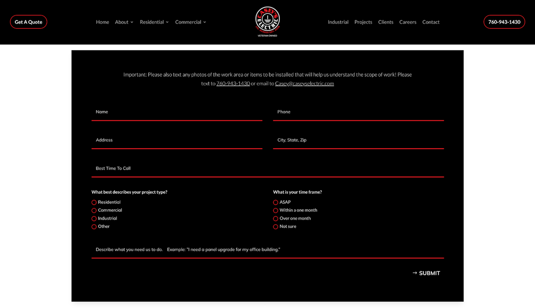 Screenshot of a contact form on a website, requesting the user's name, address, contact time, project type, time frame, and additional project details. The page includes a "Get a Quote" section and contact information.