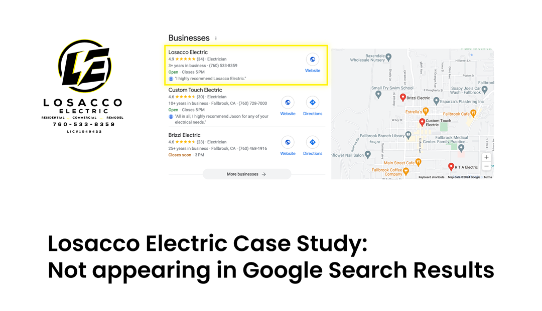 Screenshot of a case study about Losacco Electric not appearing in Google search results, featuring the company's logo, contact information, and a map with multiple electrician listings.