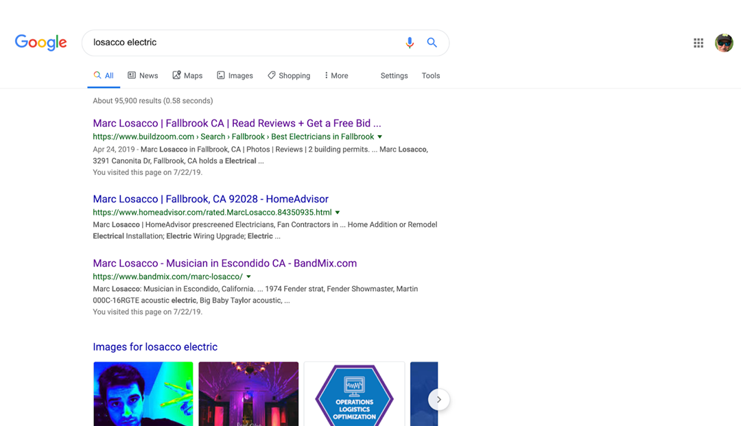 Google search results page for "losasco electric" with listings for reviews, contact information, and various sites including HomeAdvisor and BandMix.