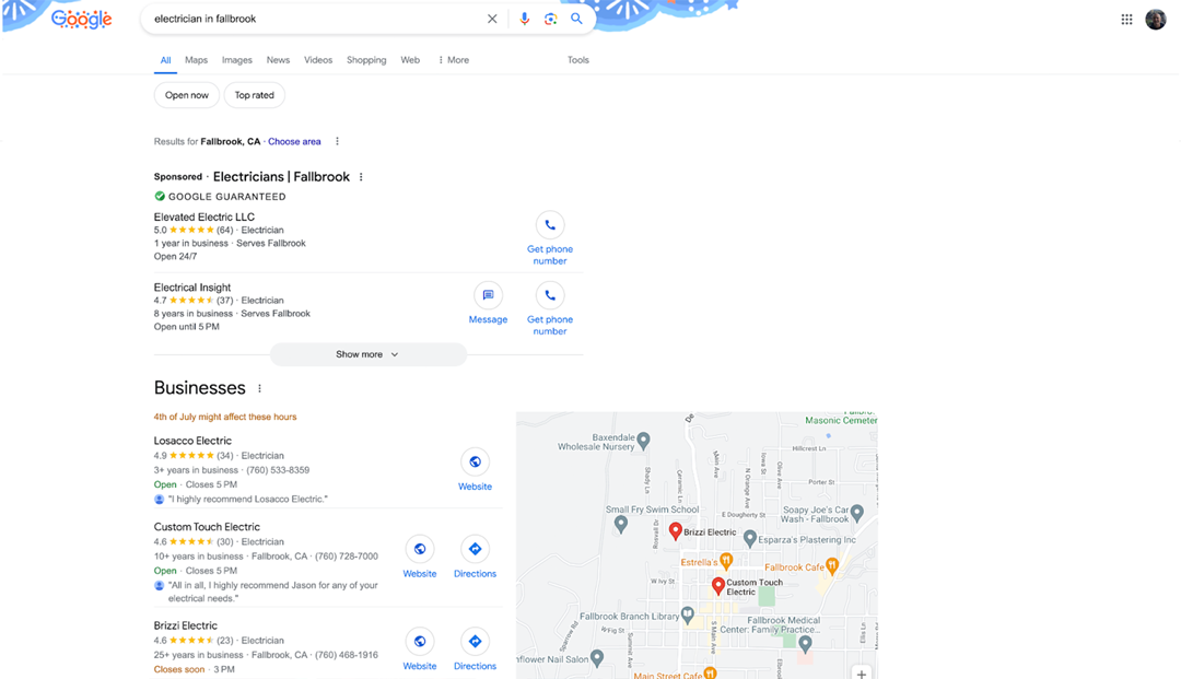 Google search results for "electrician in Fallbrook" showing a map with pinned locations and a list of electrical service providers with business names, contact options, and links to websites and directions.
