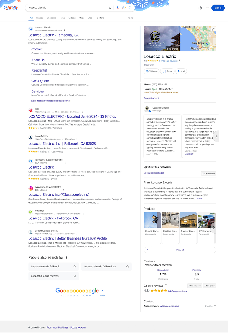 Google search results page for "Losacco Electric," featuring business information, services, and reviews for an electrical company operating in California.