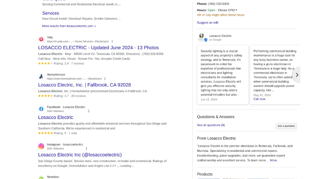 Google search results for "Losacco Electric" showing company details, services, contact information, business hours, and reviews.