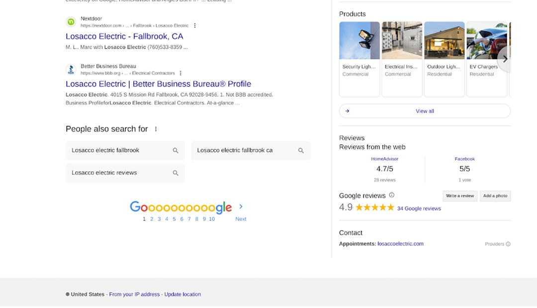 Google search results page for 'Losacco Electric' showing business information, related searches, and customer reviews. Products, photos, and links for nextdoor.com and BBB are also visible.